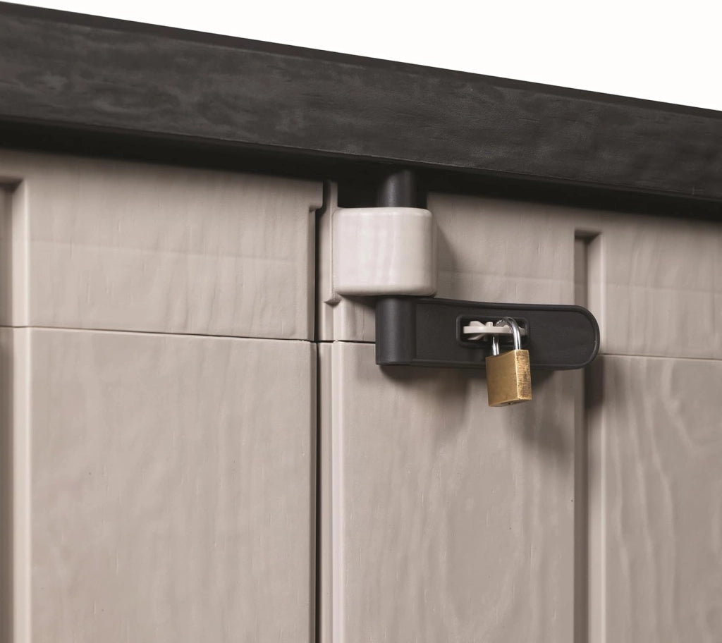 Baule porta attrezzi e bidoni da esterno Stora Way Plus XL 1270 litri in resina con doppia anta e apertura assistita colore grigio talpa e marrone Toomax