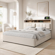 LETTO imbottito 140x200 cm con 4 cassetti, testiera regolabile, lino beige
