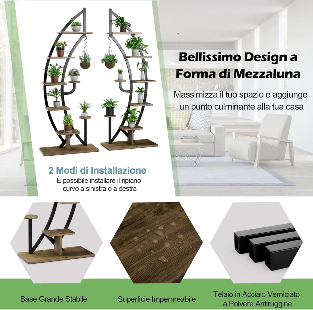 Scaffale per Piante a 7 Livelli, Scaffale a Forma di Mezza Luna con Gancio e Dispositivo Antiribaltamento, Porta Piante e Fiori per Interno, Balcone e Soggiorno, 60 x 30 x 155 cm (1 PEZZO)