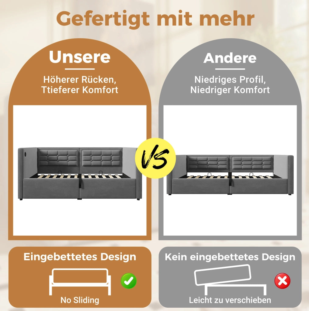 Divano letto idraulico 90x190 cm in velluto grigio con USB e Type-C; senza materasso