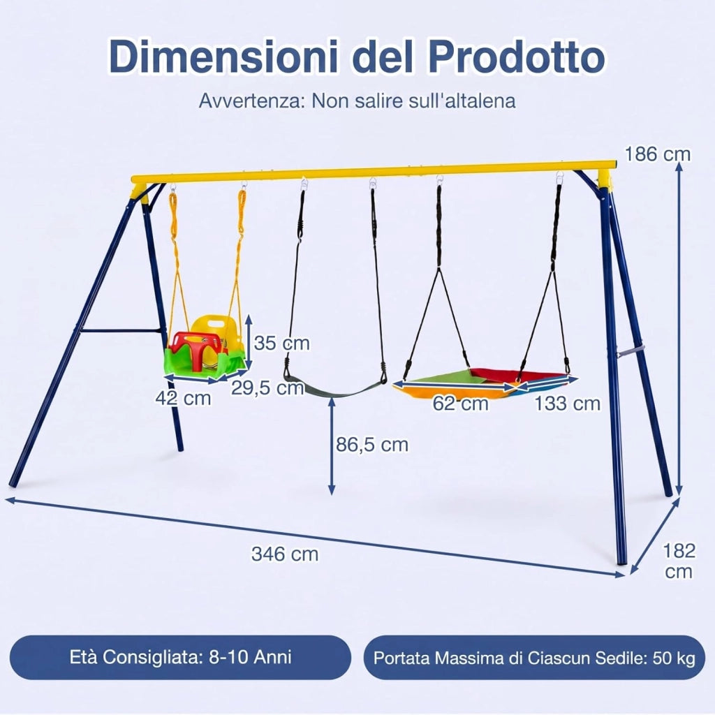 Set di Altalene da Interno e da Esterno, 3 in 1 Altalena da Giardino per Bambini, Corde Regolabili, per Giardino e Parco, Portata 300 kg