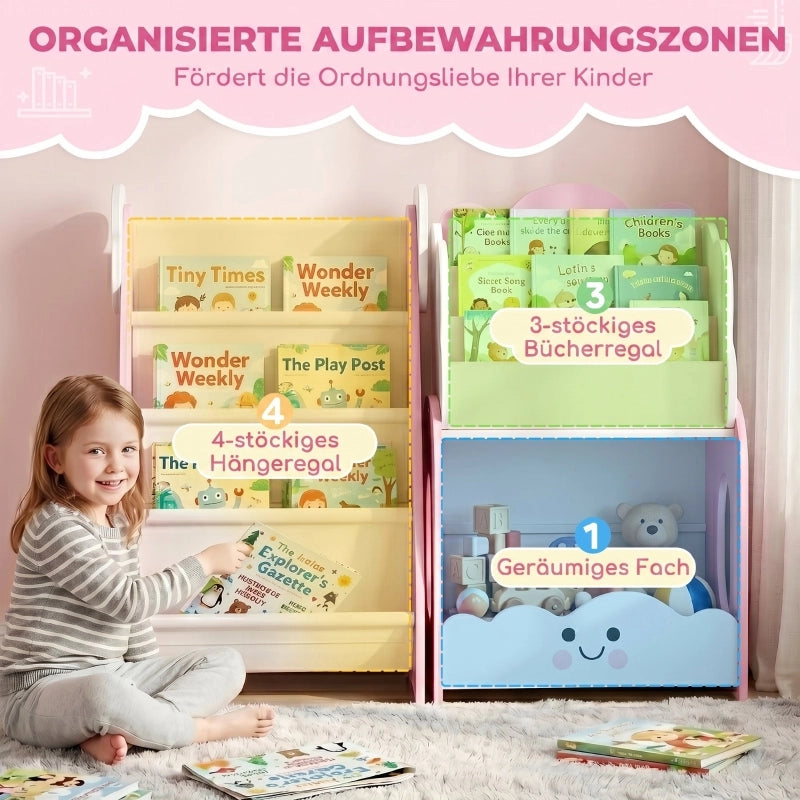 Scaffale per bambini 3 in 1 con contenitore per giocattoli, libreria modulare con 4 tasche e 3 ripiani e comodino, rosa