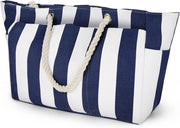 Borsa da spiaggia XXL con chiusura a righelli - Grande borsa da uomo - Disegno semplice in blu e bianchi strisce