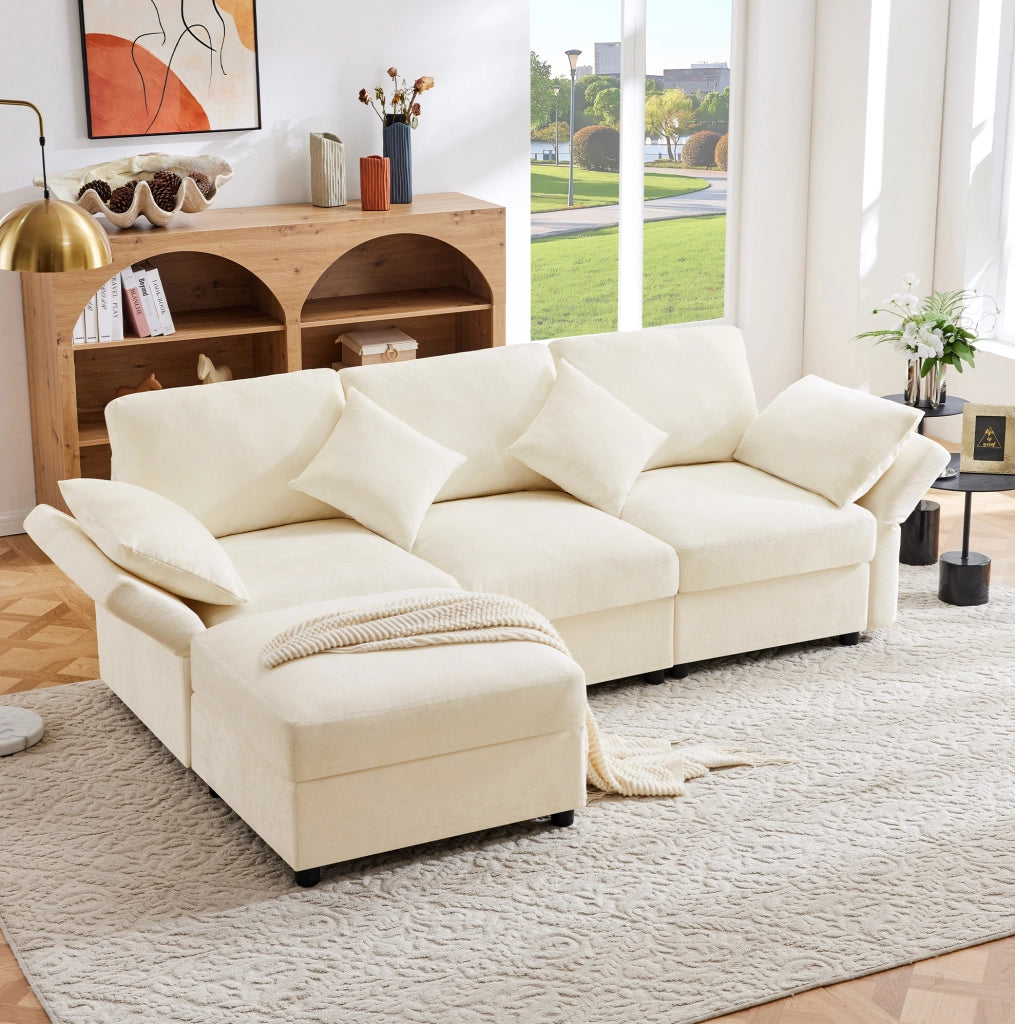 Divano multifunzionale angolare con pouf; 3-4 posti; in ciniglia beige