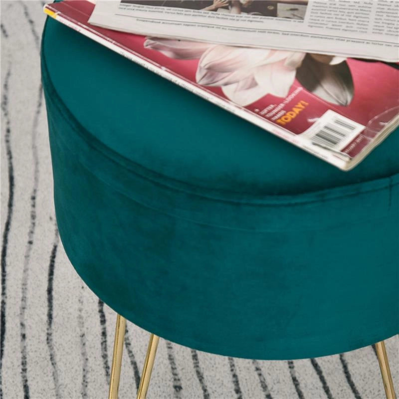 SGABELLO ROTONDO CON VANO CONTENITORE IN VELLUTO 36 X 36 X 45 CM VERDE E ORO