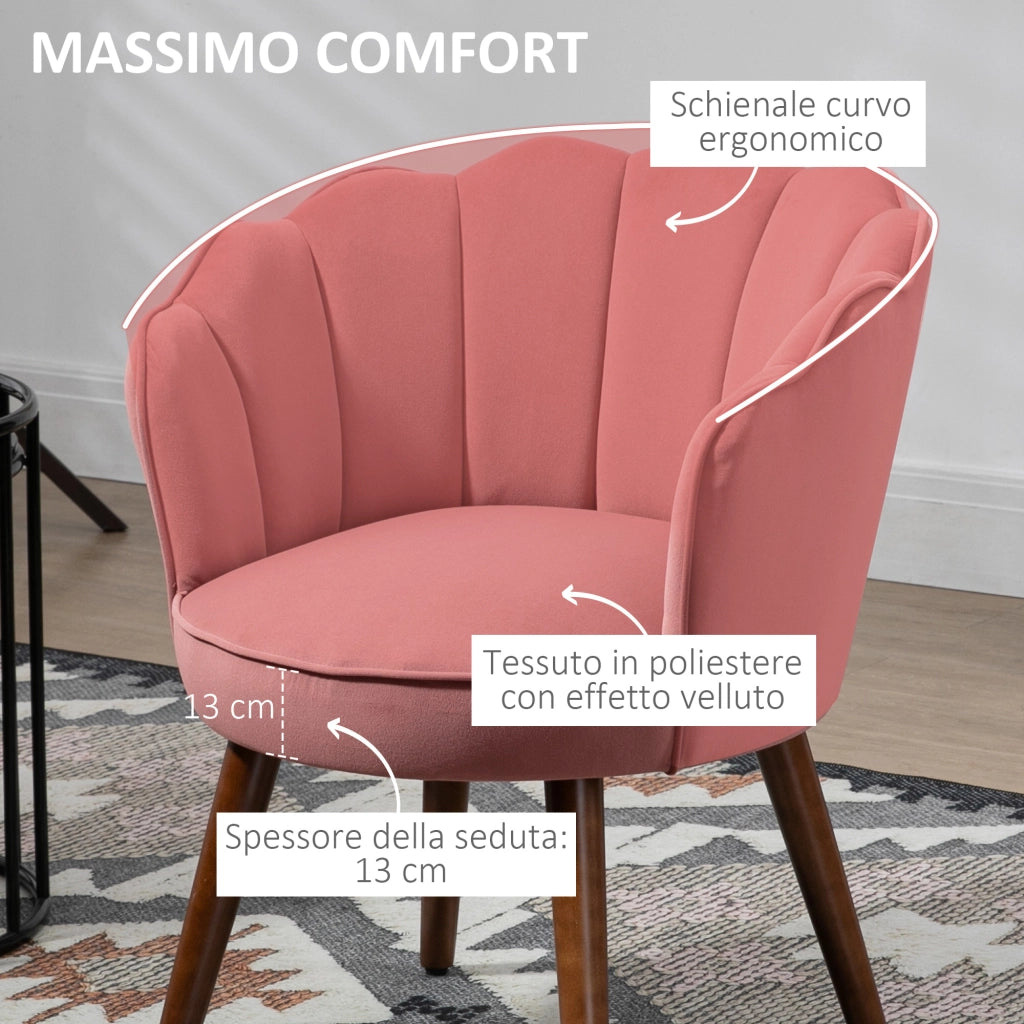 Poltrona Imbottita con Schienale a Conchiglia e Gambe in Legno, Poltrona in Velluto per Salotto e Camera, 66x66x78.5cm, Rosa