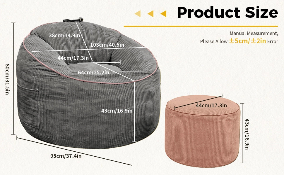 Fauteuil pouf ergonomico con tasca laterale e pouf cilindrico in flanella grigio 50 × 43,5 × 35,5 cm