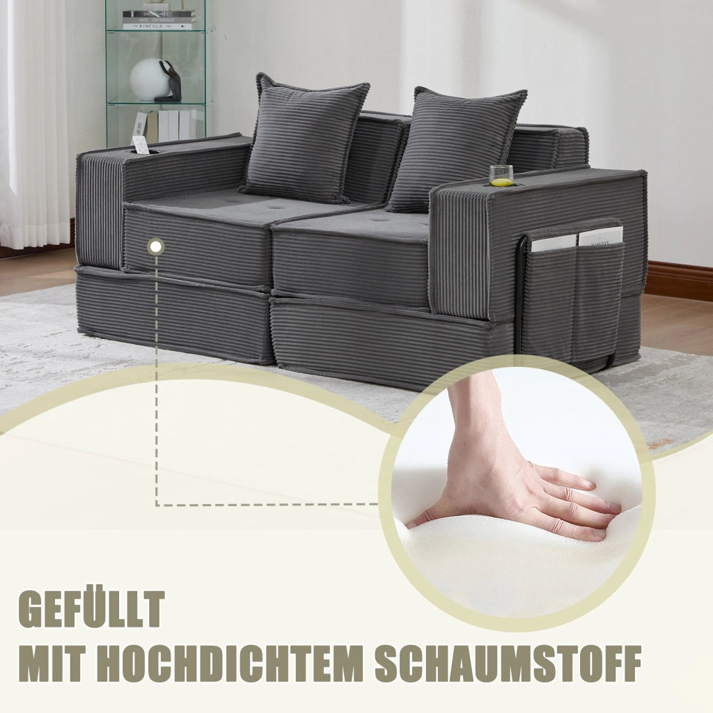 Fauteuil pouf modulare con tasche laterali e cuscini, seduta ergonomica per relax in velluto a coste grigio scuro