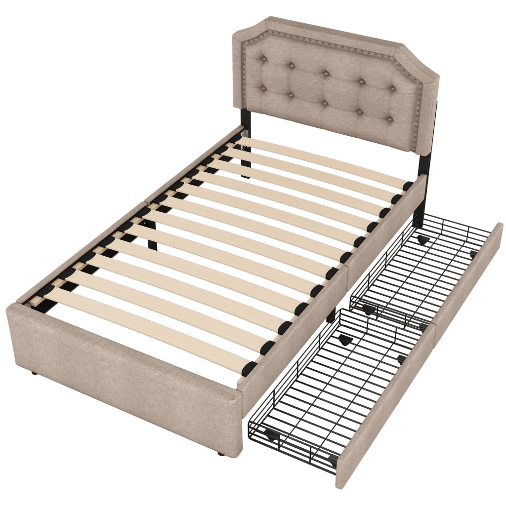 Letto imbottito 90x200 cm con cassetti; testiera regolabile; MDF; beige