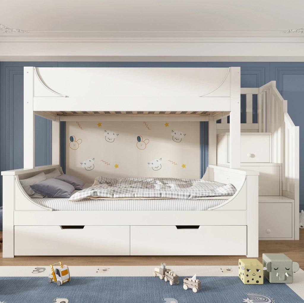 Letto a castello bambini 90/140x200 cm bianco con armadio scala