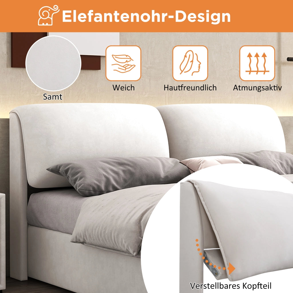 Letto contenitore 160 × 200 cm con 3 cassetti, apertura idraulica e vano integrato, senza materasso, in velluto beige
