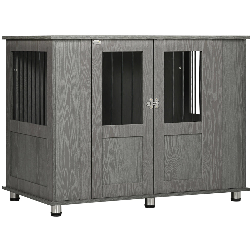 Cuccia per cani da interno in legno grigio con porta magnetica e finestra, 116x60x87 cm