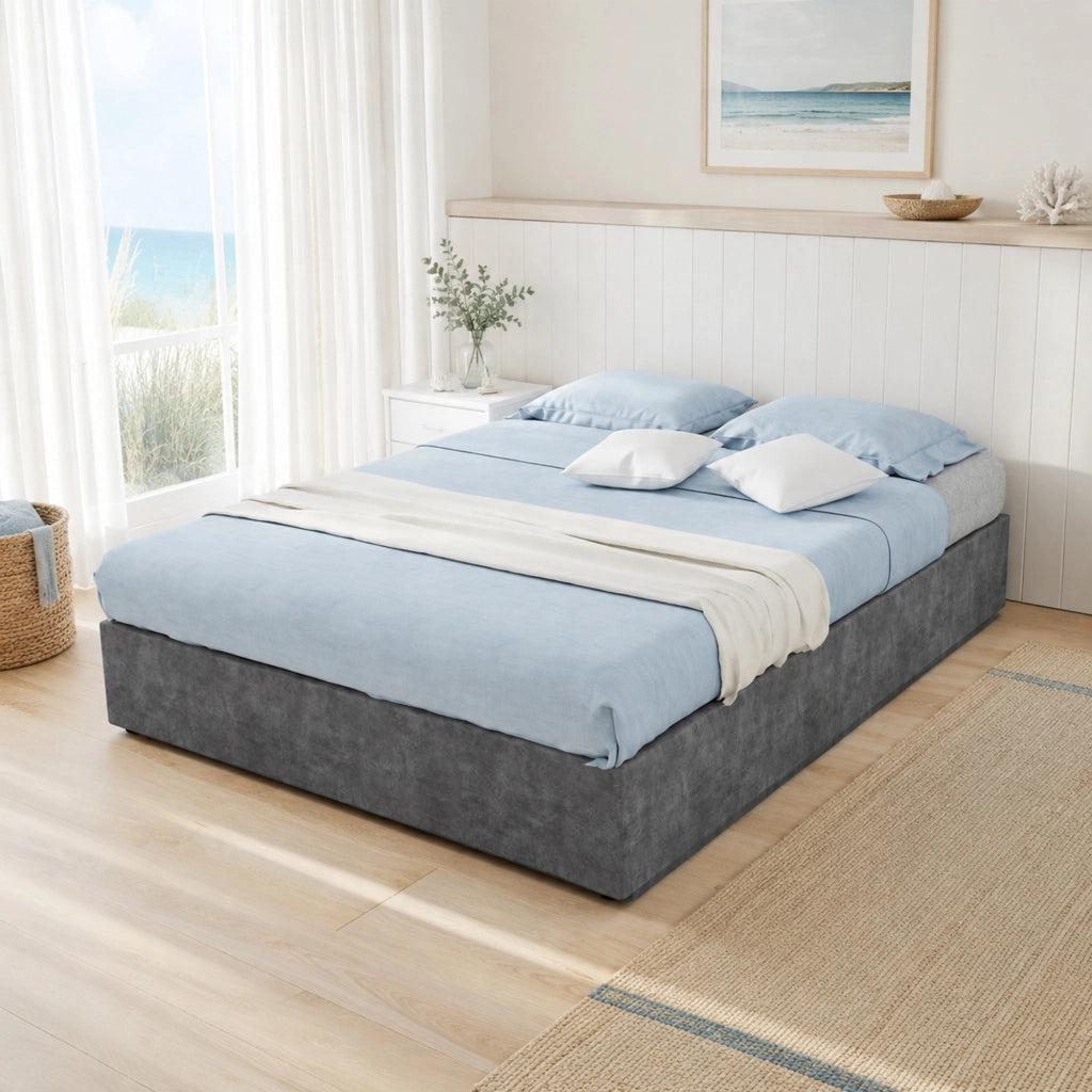 Lit bambino 140 × 200 cm con contenitore pneumatico e testiera cartoon, senza materasso, in tessuto grigio