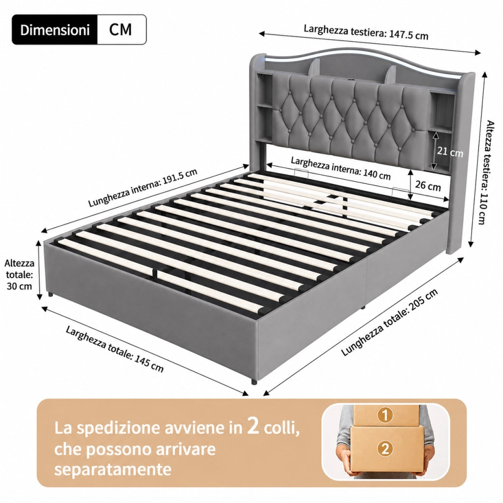 Letto matrimoniale con contenitore idraulico 140x190cm, testiera velluto grigio, luci LED RGB, ricarica USB‑wireless, scomparti porta‑oggetti