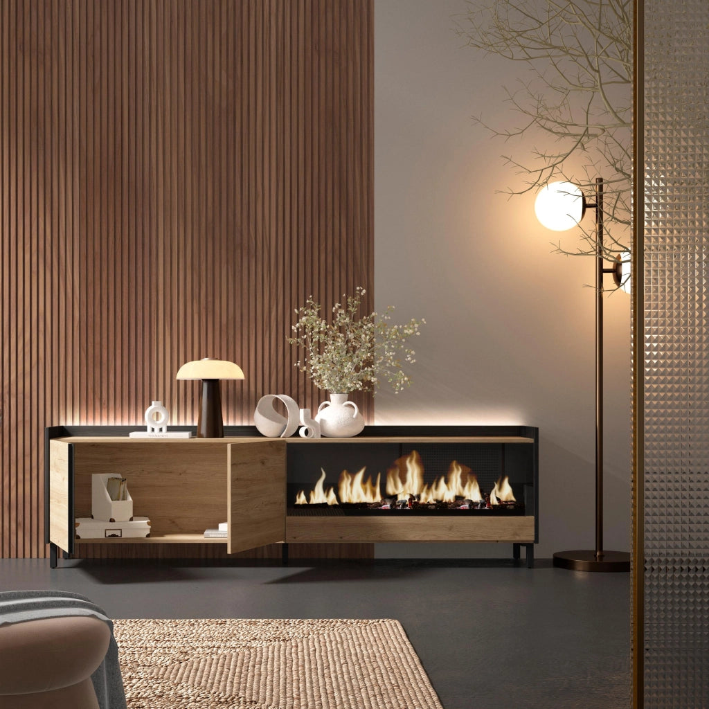 Mobile TV Soggiorno, 212x61x35 cm, Per TV fino a 80", Camino elettrico XXL, Design industriale, LED, Rovere e nero