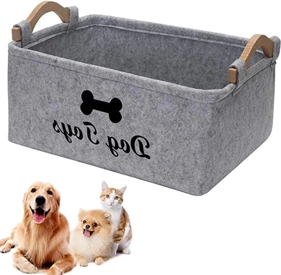 Casella di conservazione per animali domestici - cassetta di stivaggio pieghevole in velluto - adatta per giocattoli per cani - giocattoli da morso - coperte - abbigliamento per cani - cane grigio.