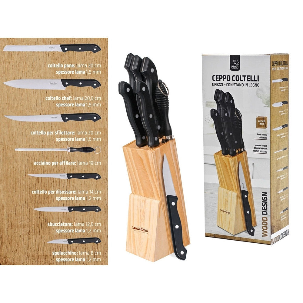 Trade Shop - Set Ceppo Coltelli In Acciaio Inox Da Cucina 8 Pezzi Con Stand Portacoltelli In Legno -