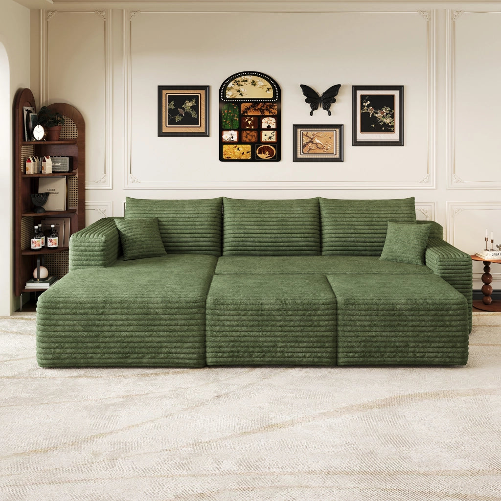 Divano angolare modulare senza montaggio in velluto a coste, seduta profonda e design minimal, verde