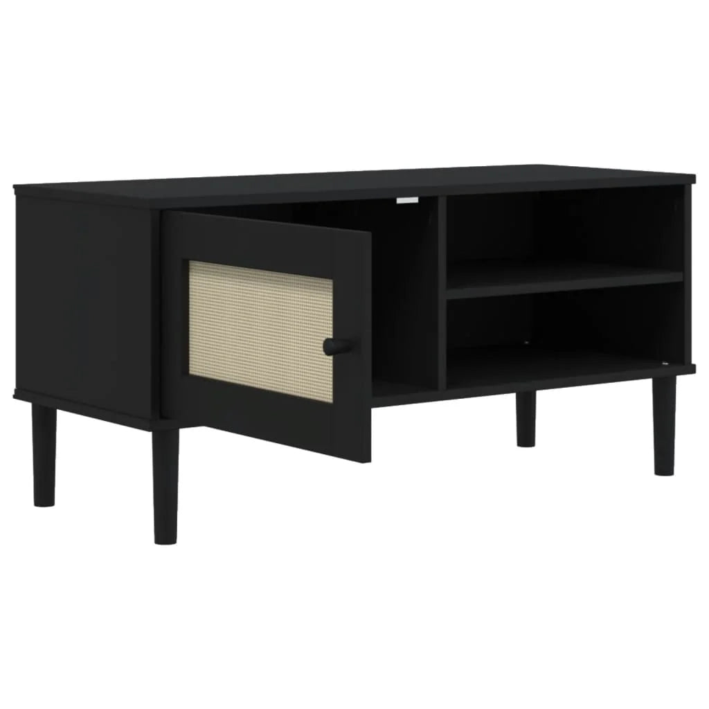 Mobile TV multimediale scaffale per televisione televisione buffet sala da pranzo soggiorno camera da letto SENJA effetto rattan 106 x 40 x 49 cm legno massiccio pino nero 02_0028314