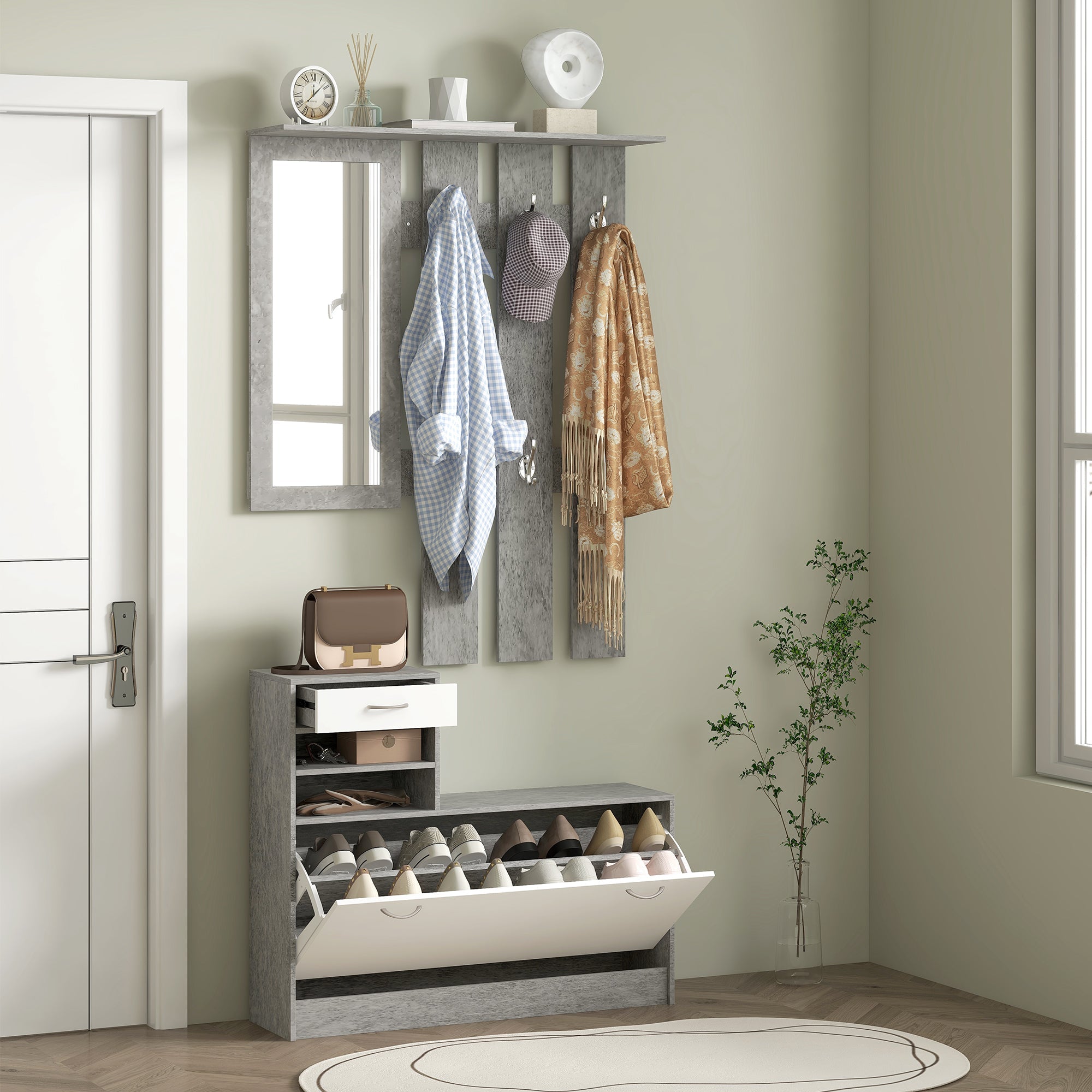 Mobile Guardaroba per Ingresso con Specchio Appendiabiti e Scarpiera Regolabile Grigio