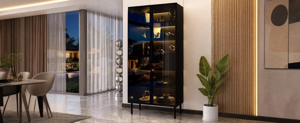 Vetrina con 2 ante in vetro, LED controllato da app, 2 cassetti e ripiani, per soggiorno, nero, 70 × 36 × 170 cm