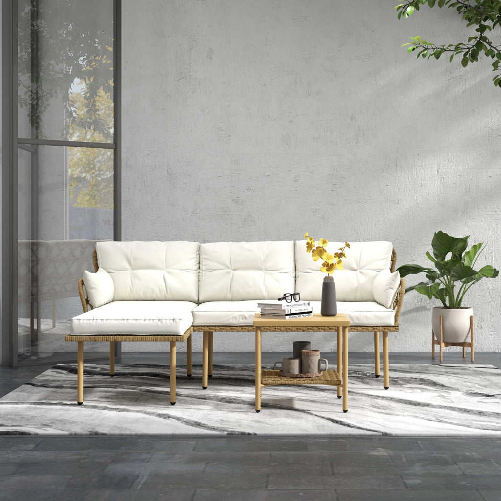 Set 3 Pezzi da Giardino con Chaise Longue Divanetto Cuscini e Tavolino in Rattan e Acciaio Bianco Crema e Legno