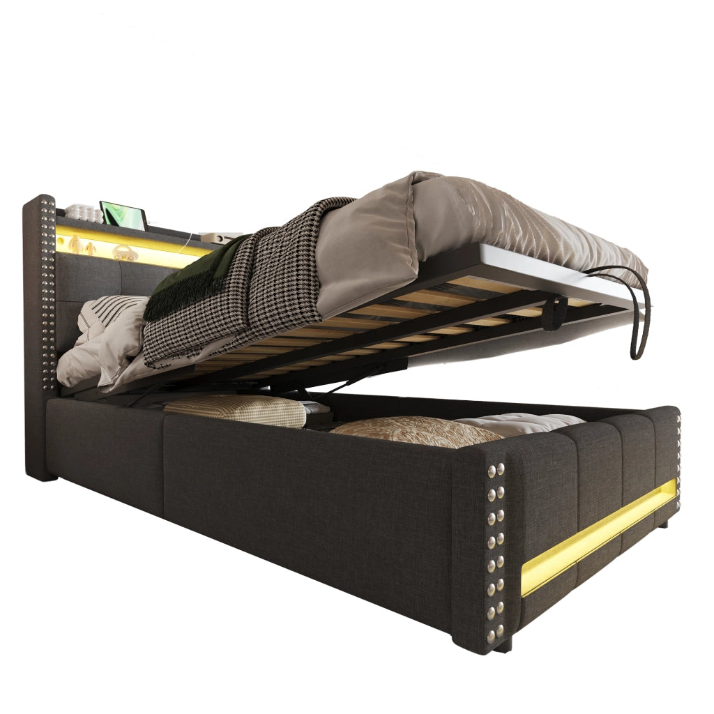 Letto imbottito singolo 90x200 cm con luci LED, porta USB, contenitore idraulico e testiera con ripiani, tessuto effetto lino grigio
