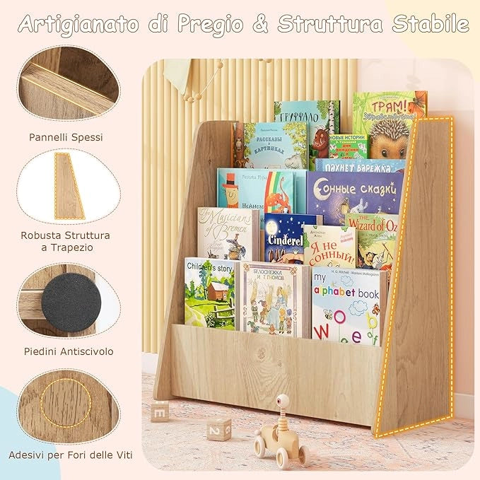Libreria per Bambini a 4 Ripiani, Scaffale in Legno con Ampio Spazio di Esposizione, Porta Riviste per Camera dei Bambini Sala Giochi e Aula, 57,5x26,5x59 cm (Naturale)