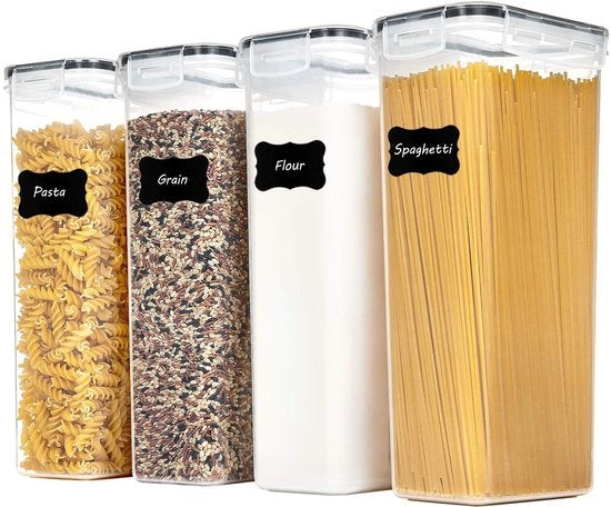 Contenitore di conservazione alimentare 2,8L, set di 4, con dispensatore di cereali, etichette per 24 prodotti (zucchero, farina, ecc.), materiale BPA-free, impermeabile e adatto a prodotti secchi (nero)