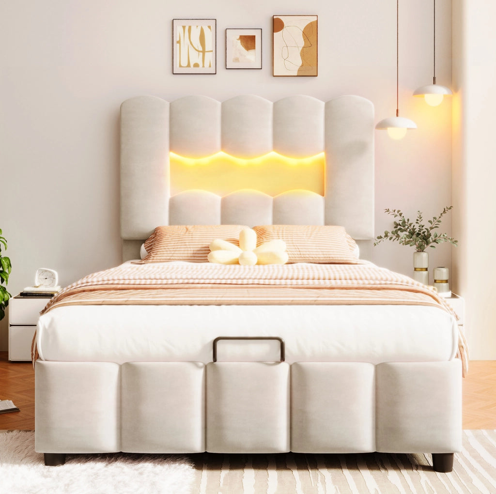 Letto imbottito 90x200 cm beige con LED e vano contenitore