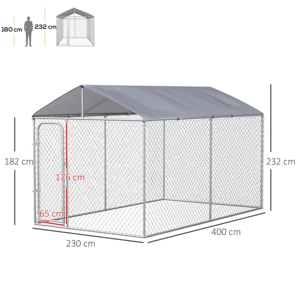 Easycomfort Kennel per Cani in Metallo Galvanizzato con Tettuccio in Tessuto Oxford e Porta con Blocco, 400x230x232cm, Argento