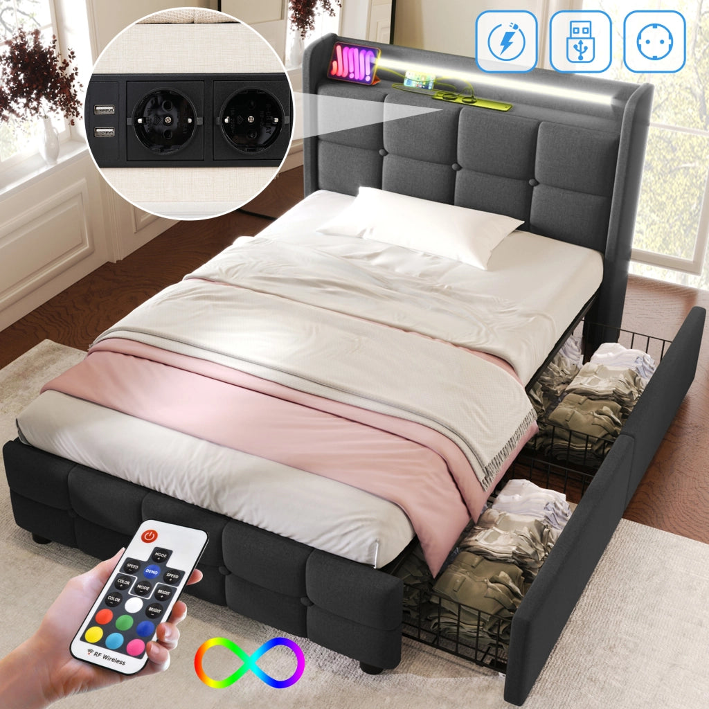 Letto singolo imbottito – 90x200 cm – USB LED 2 cassetti – legno grigio