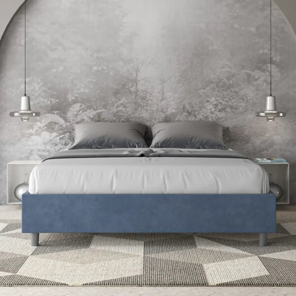 Letto matrimoniale senza rete imbottito 160x190 microfibra blu Azelia
