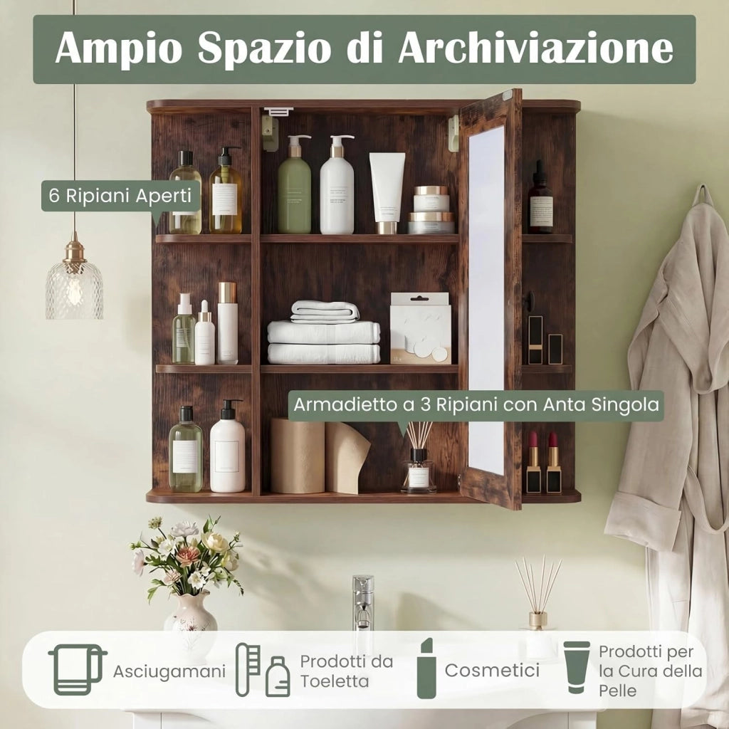 Mobile Bagno da Parete, Armadietto Pensile in Legno con 1 Anta, 6 Scomparti Aperti e 3 Ripiani, Mobiletto da Bagno Salvaspazio per Soggiorno e Camera da Letto, 66 x 16,5 x 63 cm (Marrone)