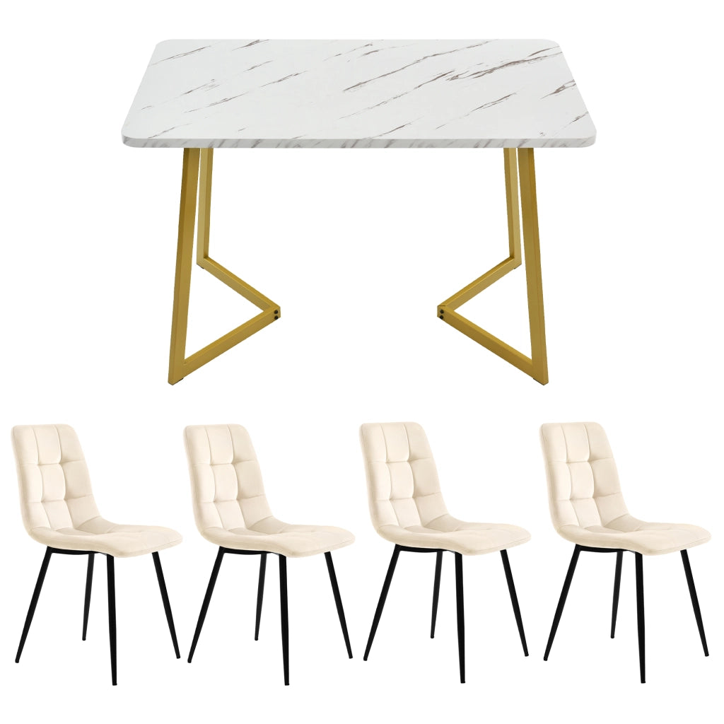 Tavolo da Pranzo con 4 Sedie Set ¨C MINIMAL ¨C Rettangolare, Gambe Dorate, Sedute Beige Velluto