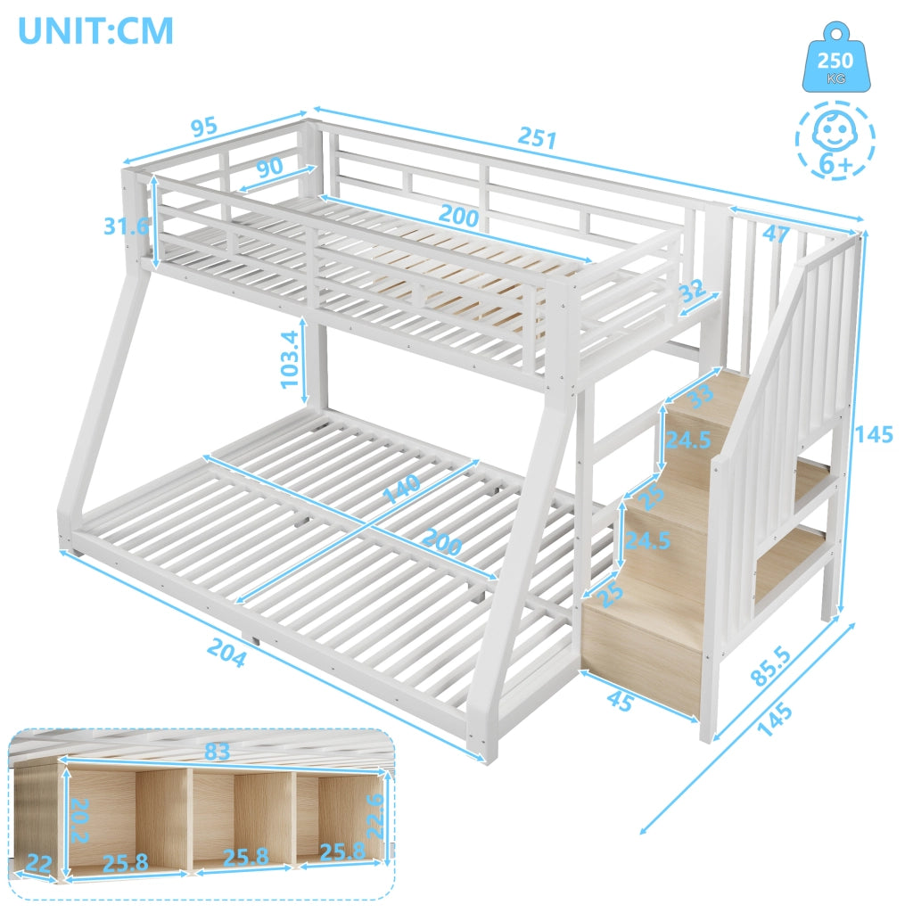 Letto a castello 90 × 200 cm et 140 × 200 cm con 3 scomparti, scale contenitore et LED, senza materasso, in metallo, bianco