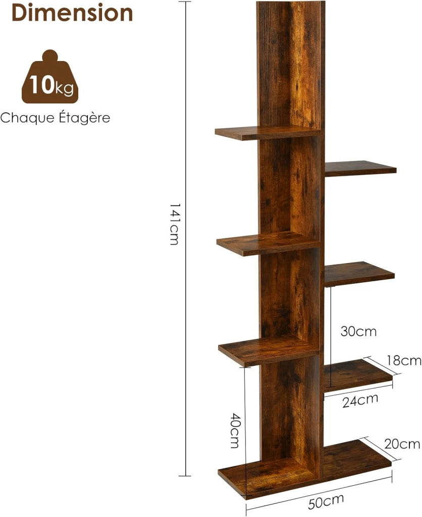 Libreria a 8 livelli, libreria a forma di albero poco ingombrante, espositore autoportante per libri, piante, CD, 50 x 20 x 141 cm (marrone)
