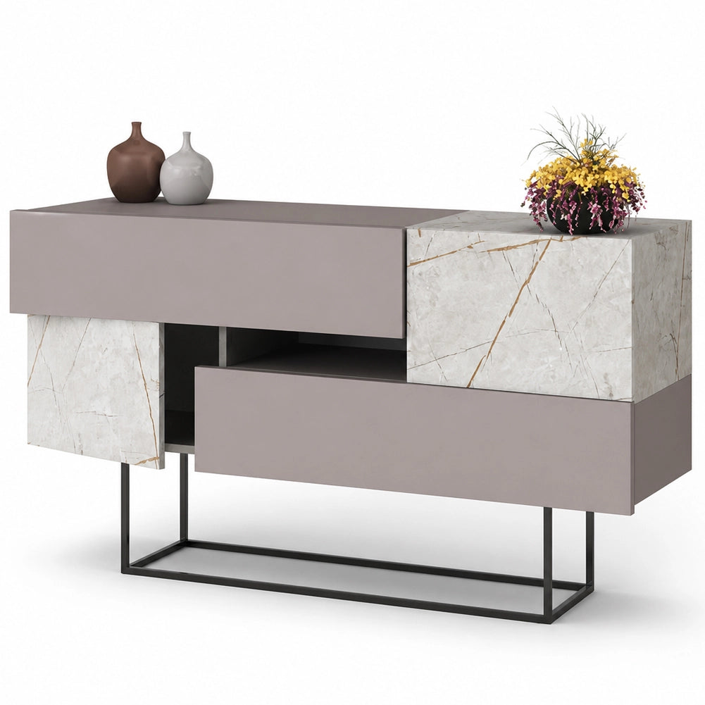 Madia Consolle Moderna 145 cm con 2 Ante 2 Cassetti Tortora e Marmo Bianco
