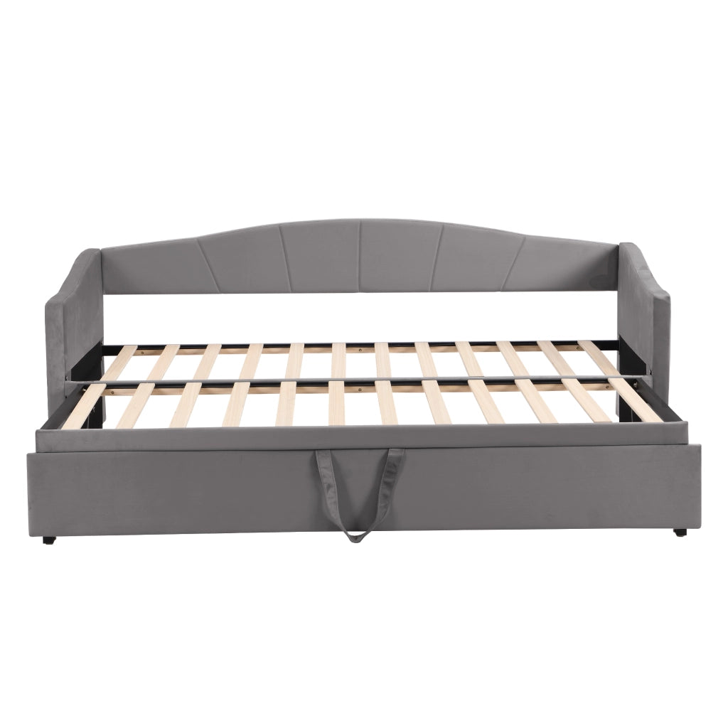 Letto estraibile in velluto - Zephmum-90x200 cm-Grigio-Struttura in doghe