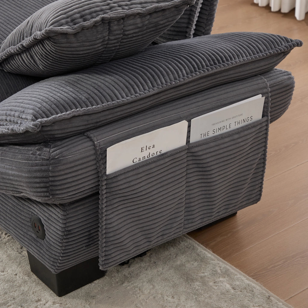Divano 2 posti in tessuto corduroy con seduta ergonomica, porta USB-C e tasche laterali, grigio scuro