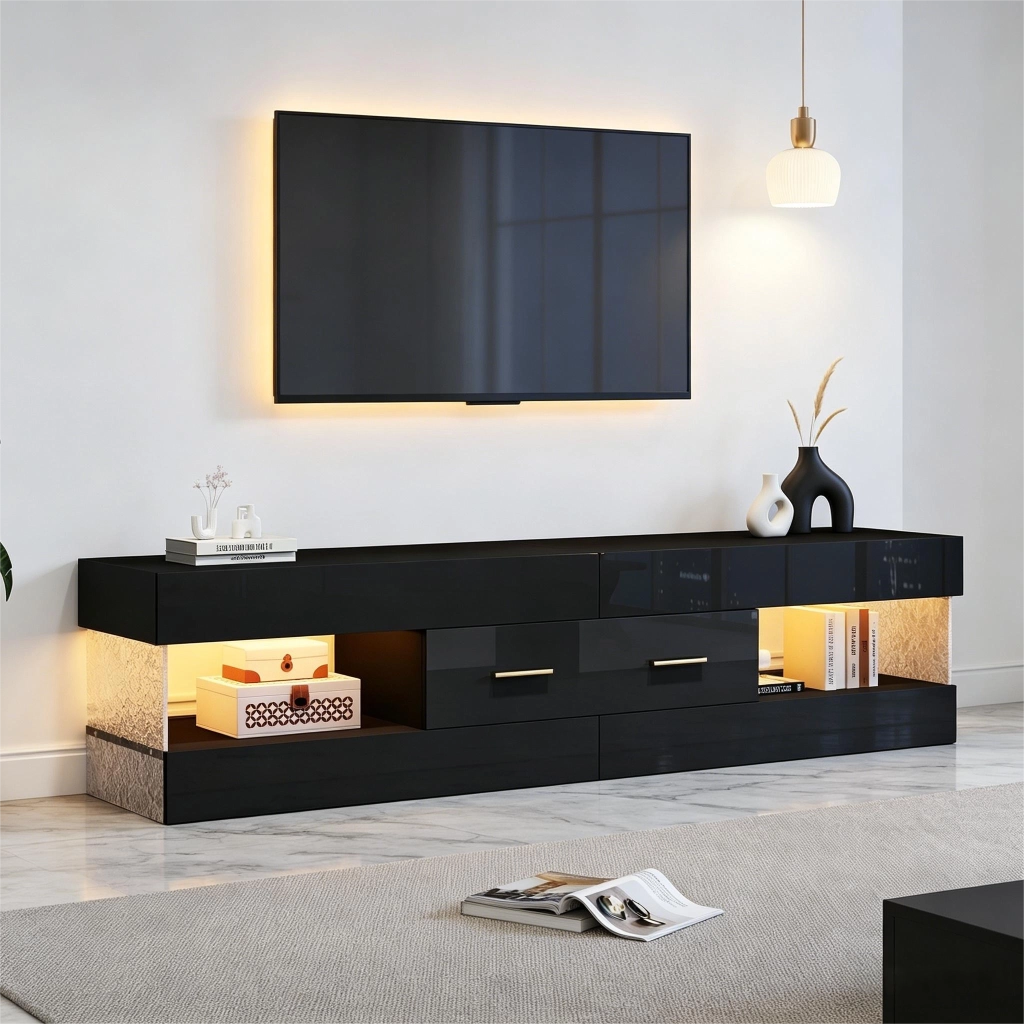 Mobile TV con LED, 152 x 35 x 40 cm, nero lucido con cassetti e vani a giorno