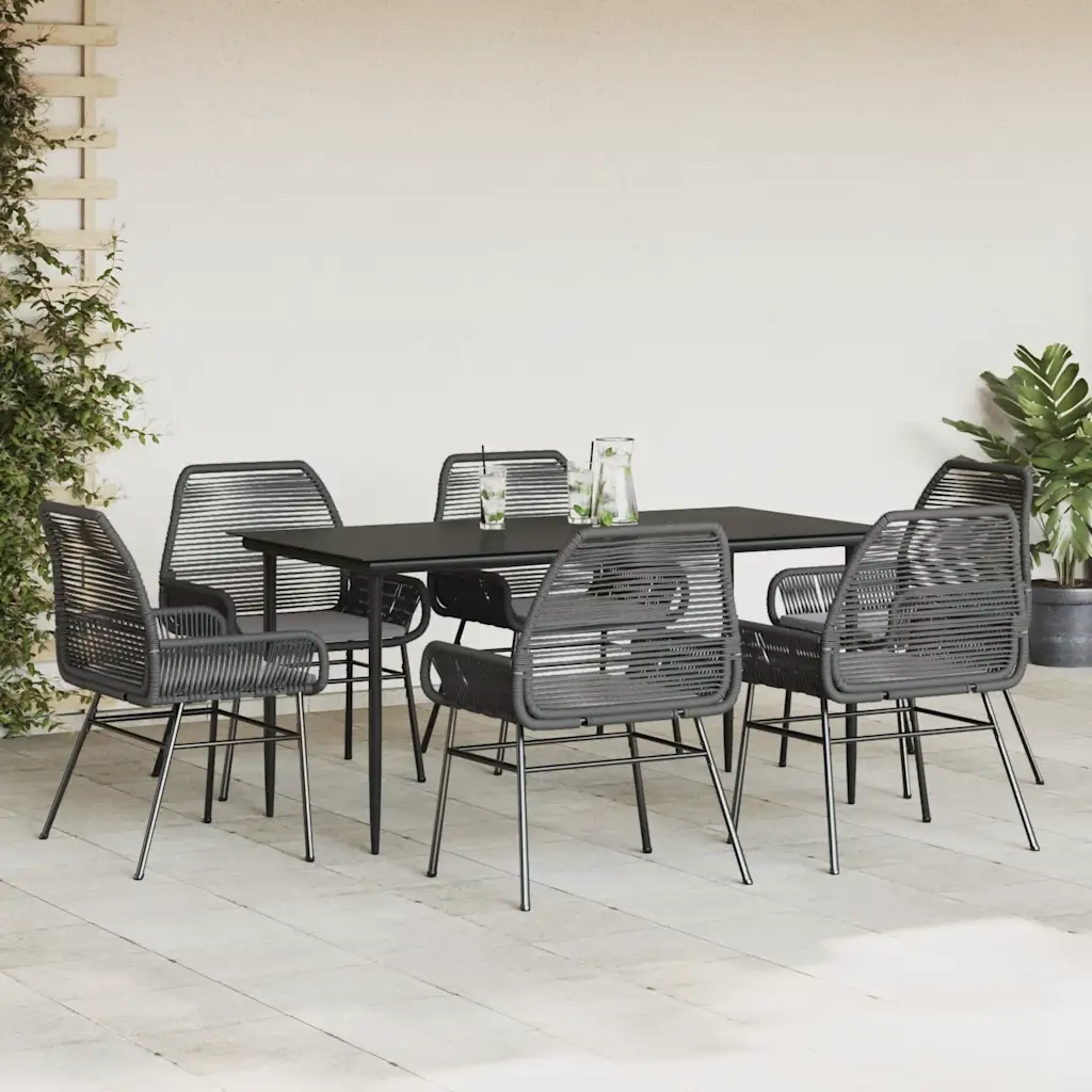 vidaXL Set Pranzo da Giardino 7 pz Nero con Cuscini Polyrattan Vetro