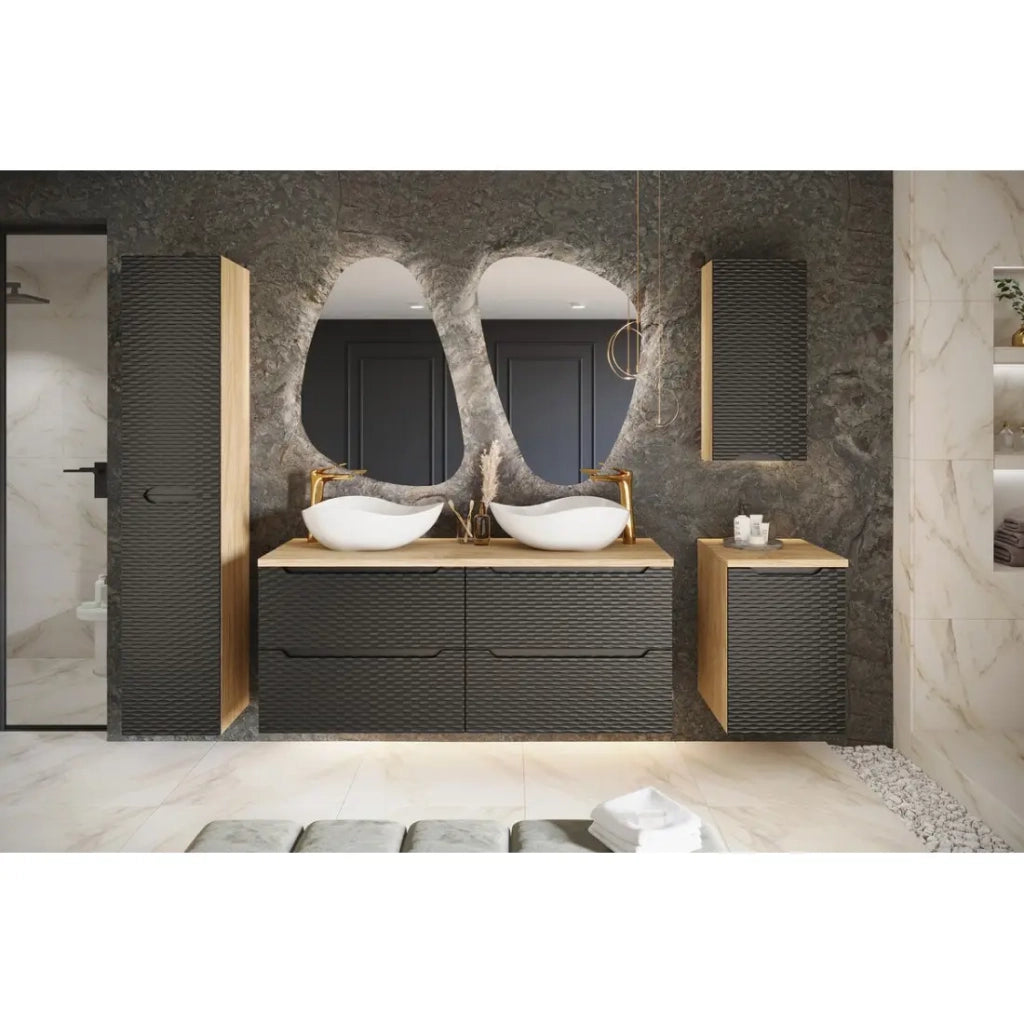 Mobile sottolavabo YOKA – 2 cassetti – Rovere chiaro e nero – L70 × P46 × H57 cm – Da appendere