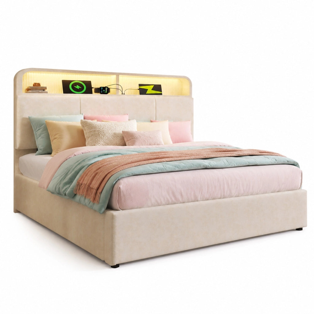 Letto matrimoniale 140x200 cm in velluto beige con testiera regolabile, LED, USB e contenitore idraulico