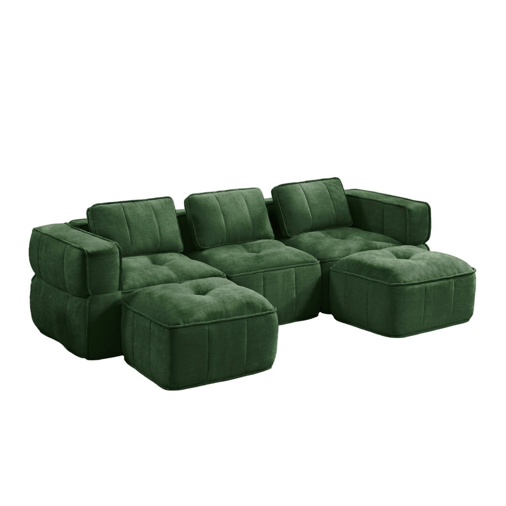 Divano modulare a U 3 posti con 2 pouf in poliestere verde; 271x162x67 cm