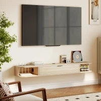 Mobile TV Sospeso con Cassetto Ribaltabile, 2 Ripiani Aperti e Gestione Cavi 140x24x16 cm Legno naturale