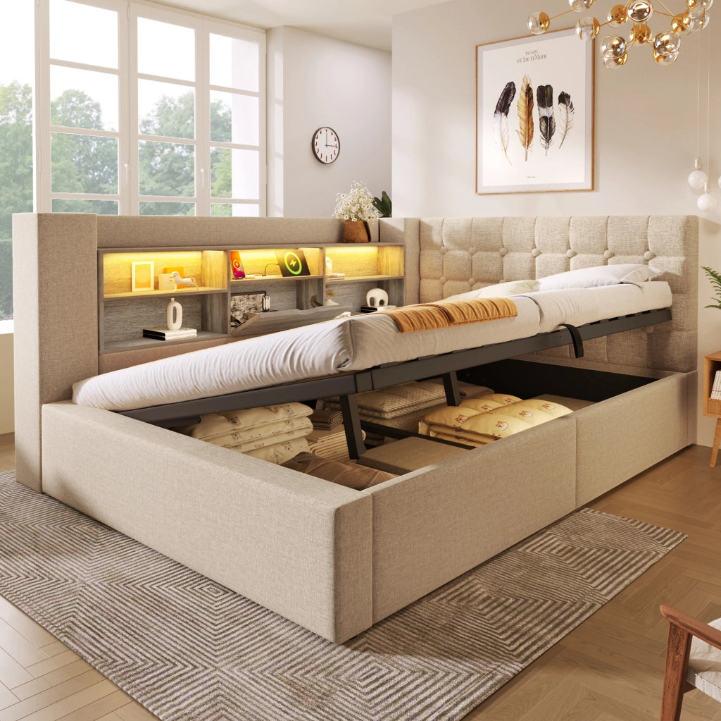 Letto imbottito 140x200 cm beige con LED, USB e materasso H3