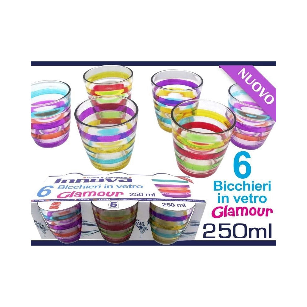 Trade Shop - Set Bicchieri In Vetro Con Righe Colorate Glamour 6 Pezzi Da 250 Ml Colorati -