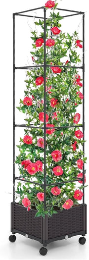 Fioriera con Grigliato per Piante Rampicanti, Letto Rialzato con Spalliera, Sistema di Auto-irrigazione, Altezza Regolabile e Ruote, Fioriera Verticale da Interno ed Esterno
