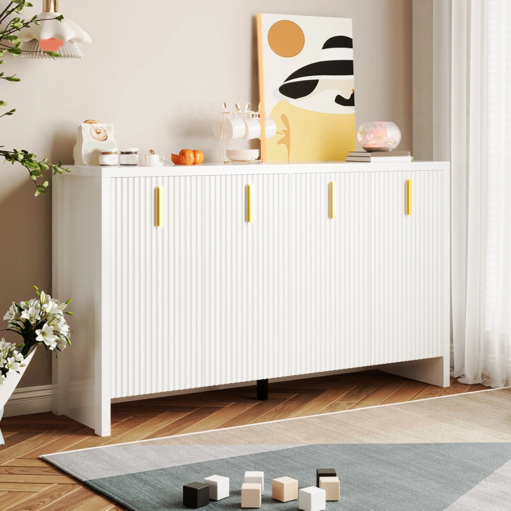 Sideboard moderno bianco con maniglie oro e ripiani interni regolabili, 140 x 38 x 80 cm